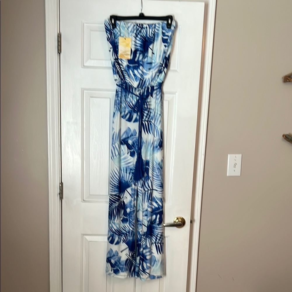 NWT Strapless Blue Leaf Print Jumpsuit